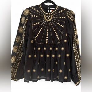 FARM Rio Black and Gold Embroidered Blouse